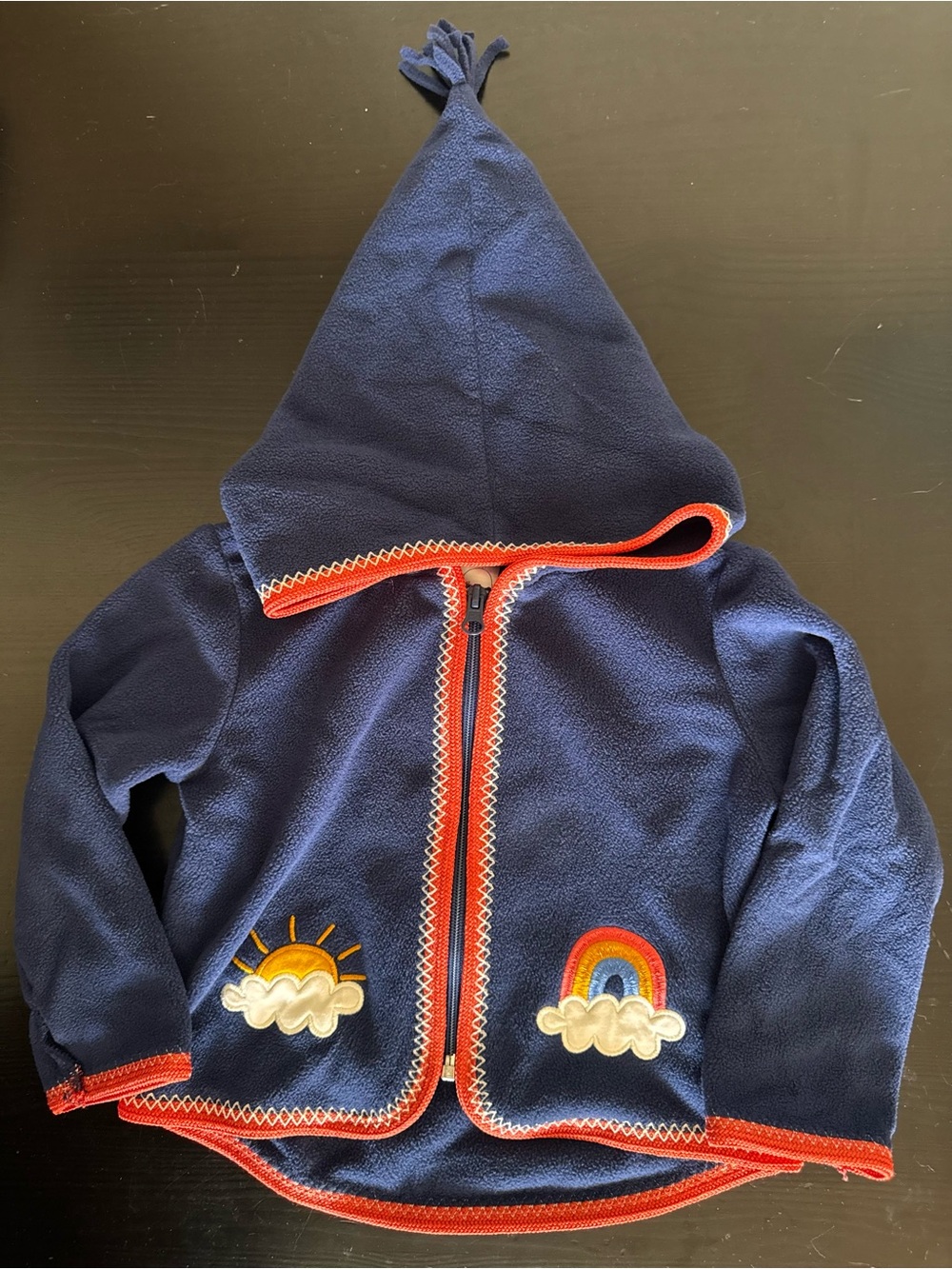 Hanna Andersson Navy Hooded Fleece Jacket with Red Trim and Rainbow/Sun Patches